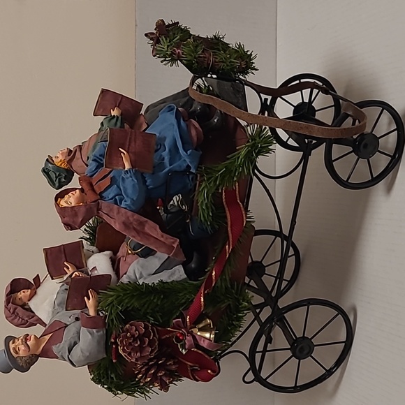 Vintage Traditions Fabric Mache Caroling Family In Carriage Centerpiece - Picture 8 of 17